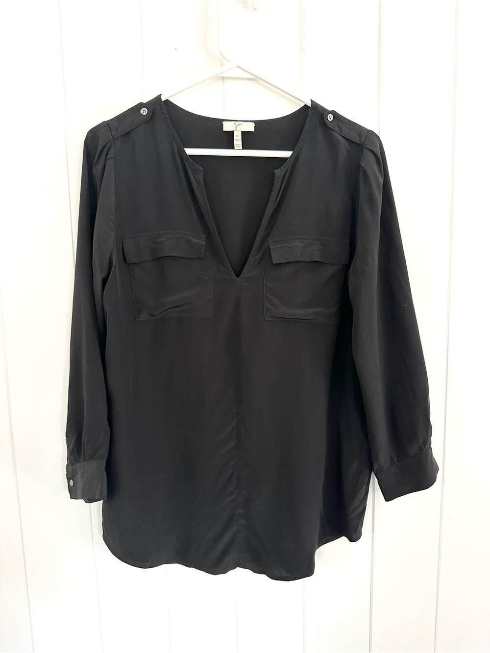 Joie Marlo Tab Shoulders Black V-Neck Silk Blouse with Chest Pockets